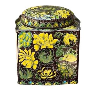 Vintage Daher Square Box Tin Canister With Lid Floral Design Brown Yellow Green